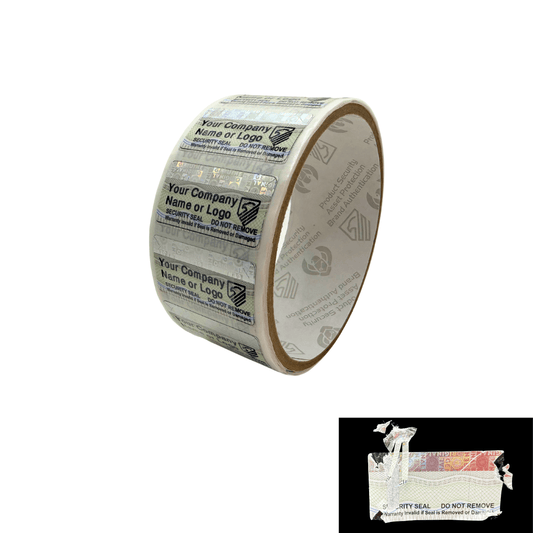 5,000 Security Label with Holographic Stripe Partially Destructible Size 1.3" x 0.7" (34mm x 18mm ). >Click on item details to customize.