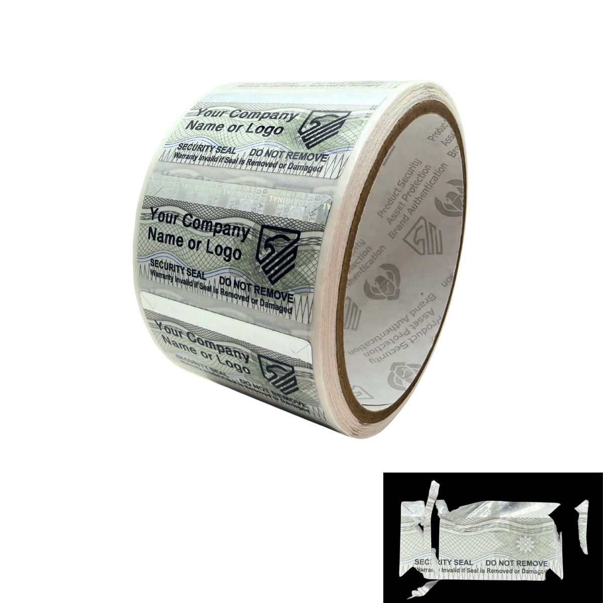 5,000 Security Label with Holographic Stripe Partially Destructible Size 2" x 1" (51mm x 25mm). >Click on item details to customize.