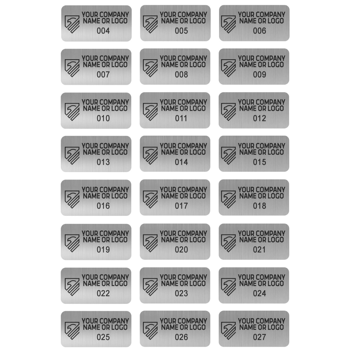 500 Custom Printed Asset Identification Security Stickers with Brushed Chrome Finish Size 1" x 0.5" (25mm x 13mm) >Click on item details to customize.