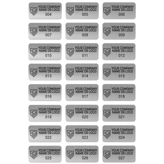 250 Custom Printed Asset Identification Security Stickers with Brushed Chrome Finish Size 1" x 0.5" (25mm x 13mm) >Click on item details to customize.