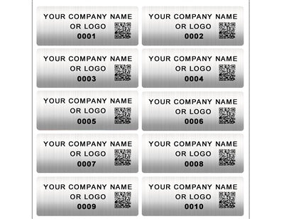1,000 Custom Printed Asset Identification Security Stickers with Brushed Chrome Finish Size 1.5" x 0.6" (38mm x 15mm) >Click on item details to customize.
