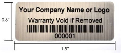 1,000 Custom Printed Asset Identification Security Stickers with Brushed Chrome Finish Size 1.5" x 0.6" (38mm x 15mm) >Click on item details to customize.