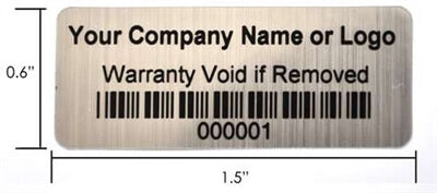 500 Custom Printed Asset Identification Security Stickers with Brushed Chrome Finish Size 1.5" x 0.6" (38mm x 15mm) >Click on item details to customize.