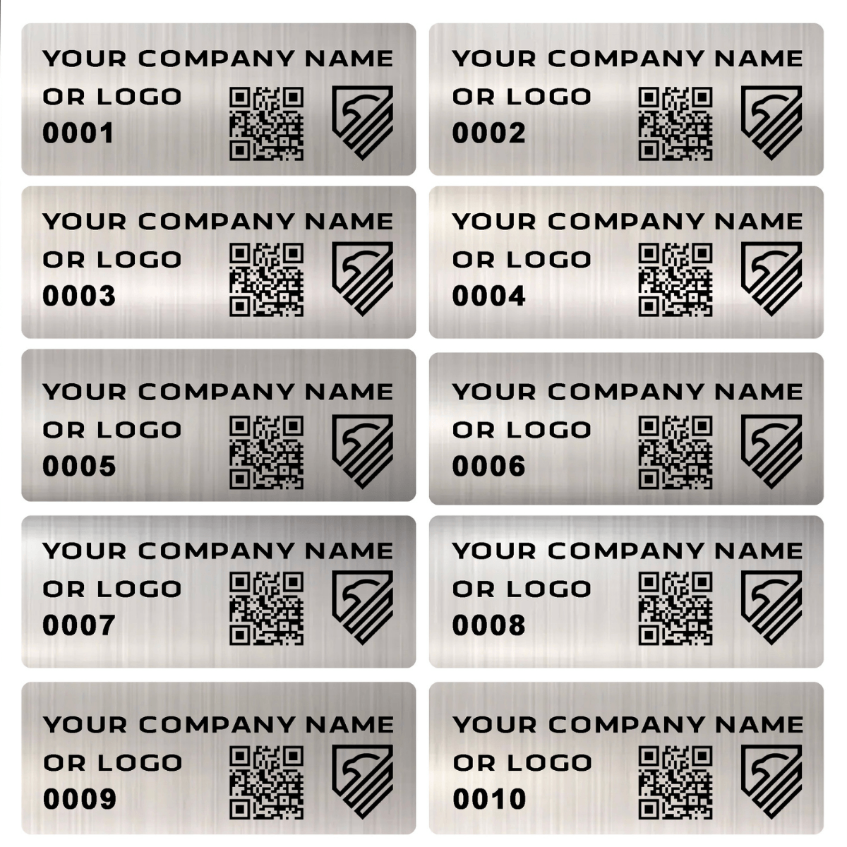 500 Custom Printed Asset Identification Security Stickers with Brushed Chrome Finish Size 1.5" x 0.6" (38mm x 15mm) >Click on item details to customize.