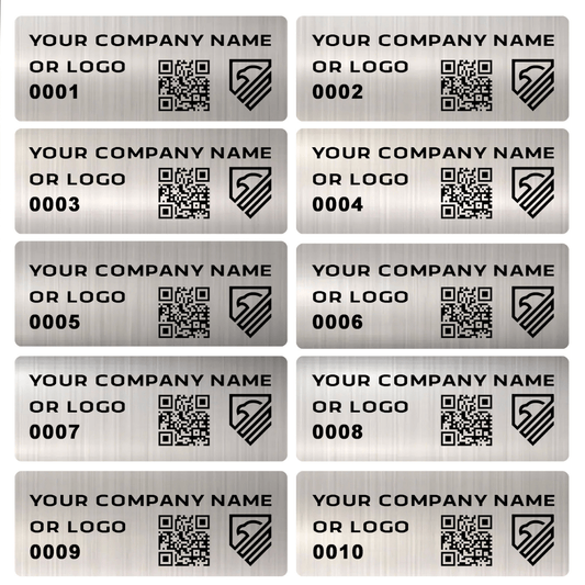 1,000 Custom Printed Asset Identification Security Stickers with Brushed Chrome Finish Size 1.5" x 0.6" (38mm x 15mm) >Click on item details to customize.