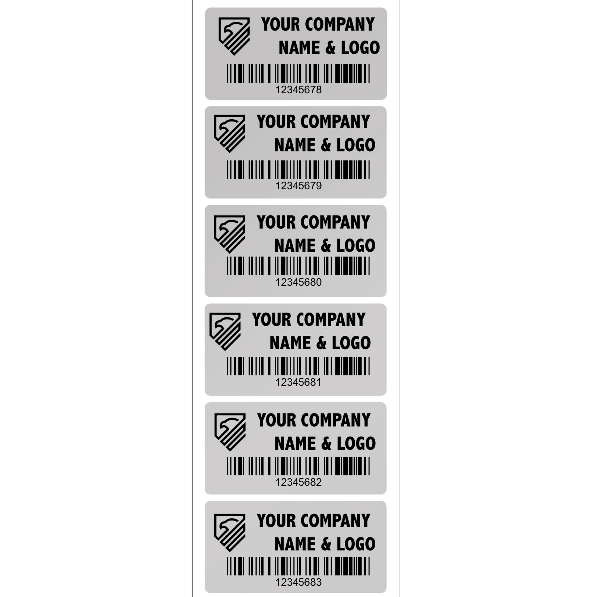 250 Custom Printed Asset Identification Security Stickers with Brushed Chrome Finish Size 2" x 1" (51mm x 25mm) >Click on item details to customize.