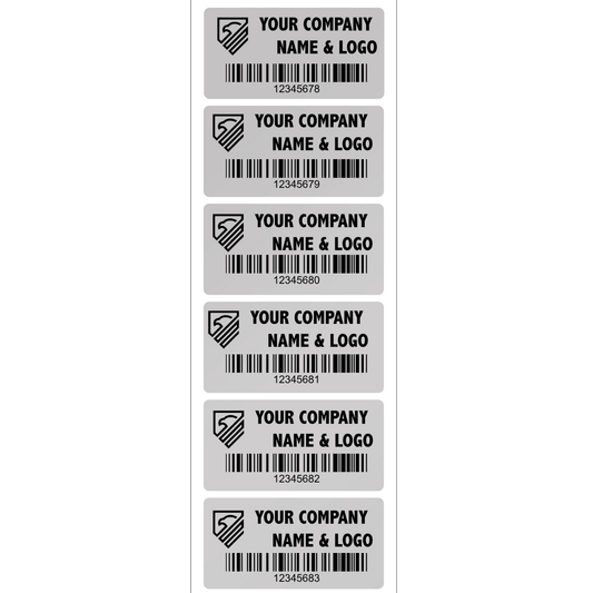 250 Custom Printed Asset Identification Security Stickers with Brushed Chrome Finish Size 2" x 1" (51mm x 25mm) >Click on item details to customize.