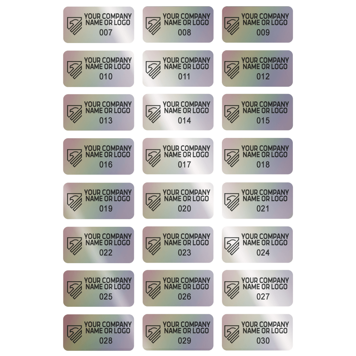 250 Custom Printed Asset Identification Security Stickers with Holographic Rainbow Finish Size 1" x 0.5" (25mm x 13mm) >Click on item details to customize.