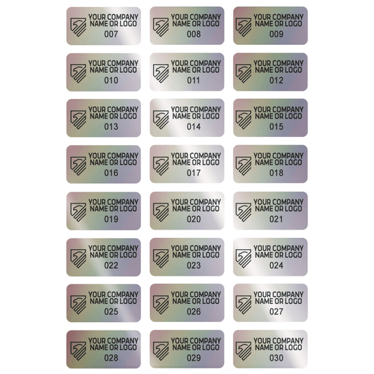 250 Custom Printed Asset Identification Security Stickers with Holographic Rainbow Finish Size 1" x 0.5" (25mm x 13mm) >Click on item details to customize.