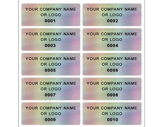 1,000 Custom Printed Asset Identification Security Stickers with Holographic Rainbow Finish Size 1.5" x 0.6" (38mm x 15mm) >Click on item details to customize.