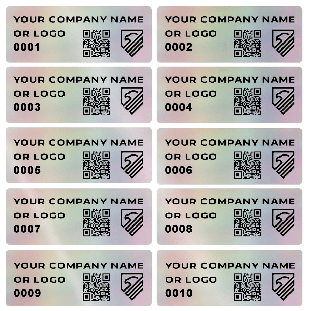 1,000 Custom Printed Asset Identification Security Stickers with Holographic Rainbow Finish Size 1.5" x 0.6" (38mm x 15mm) >Click on item details to customize.