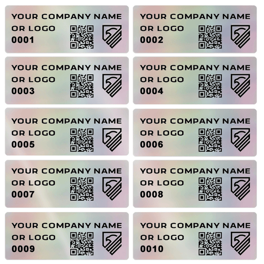 1,000 Custom Printed Asset Identification Security Stickers with Holographic Rainbow Finish Size 1.5" x 0.6" (38mm x 15mm) >Click on item details to customize.