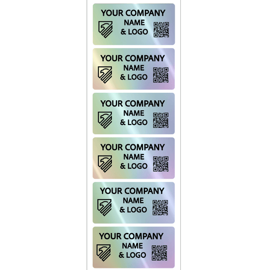 250 Custom Printed Asset Identification Security Stickers with Holographic Rainbow Finish Size 2" x 1" (51mm x 25mm) >Click on item details to customize.