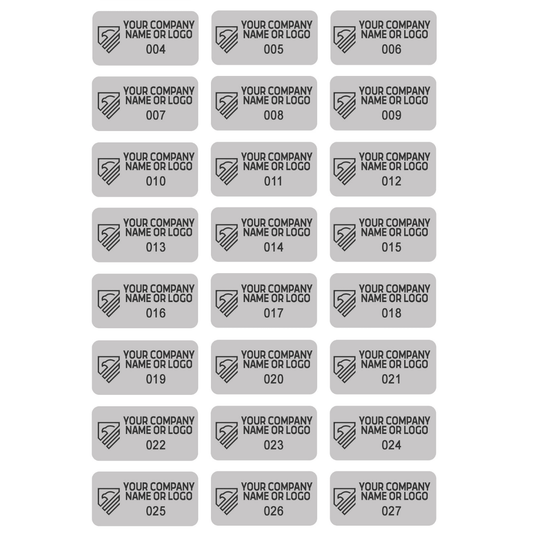 250 Custom Printed Asset Identification Security Stickers with Silver Matte Finish Size 1" x 0.5" (25mm x 13mm) >Click on item details to customize.