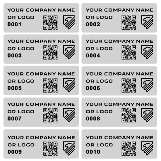 1,000 Custom Printed Asset Identification Security Stickers with Silver Matte Finish Size 1.5" x 0.6" (38mm x 15mm) >Click on item details to customize.