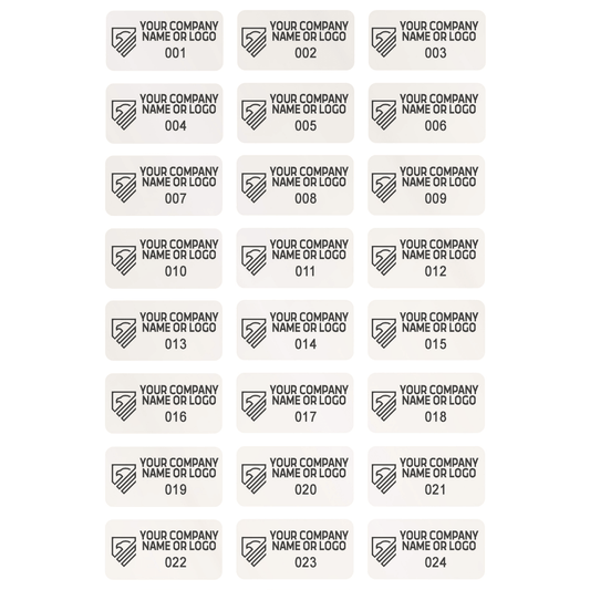250 Custom Printed Asset Identification Security Stickers White Color Size 1" x 0.5" (25mm x 13mm) >Click on item details to customize.