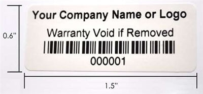 1,000 Custom Printed Asset Identification Security Stickers White Color Size 1.5" x 0.6" (38mm x 15mm) >Click on item details to customize.