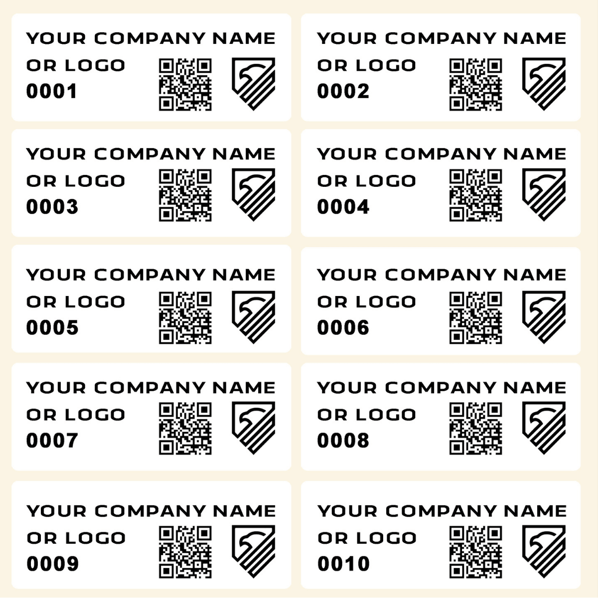 1,000 Custom Printed Asset Identification Security Stickers White Color Size 1.5" x 0.6" (38mm x 15mm) >Click on item details to customize.