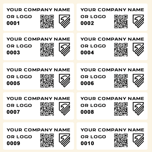 1,000 Custom Printed Asset Identification Security Stickers White Color Size 1.5" x 0.6" (38mm x 15mm) >Click on item details to customize.