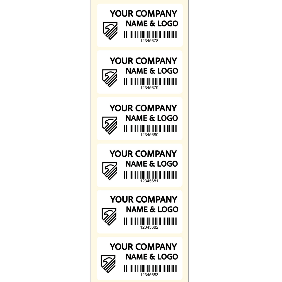 250 Custom Printed Asset Identification Security Stickers White Color Size 2" x 1" (51mm x 25mm) >Click on item details to customize.