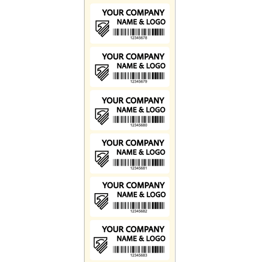 250 Custom Printed Asset Identification Security Stickers White Color Size 2" x 1" (51mm x 25mm) >Click on item details to customize.