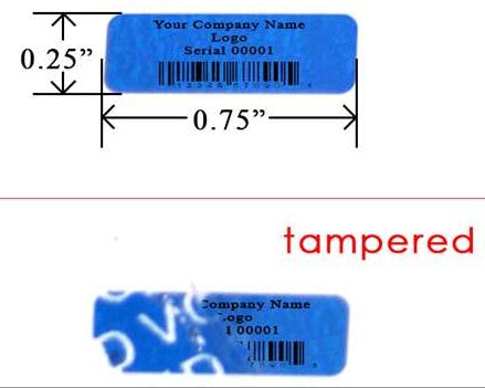 10,000 TamperColor® Blue Custom Printed Security Labels: Tamper Evident, Rectangle 0.75" x 0.25" (19mm x 6mm) >Click on item details to customize.