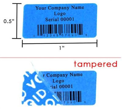 5,000 TamperColor® Blue Custom Printed Security Labels: Tamper Evident, Rectangle 1" x 0.5" (25mm x 13mm) >Click on item details to customize.