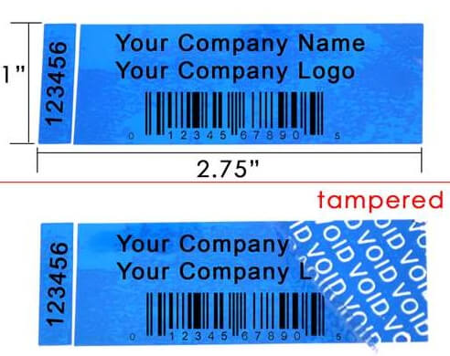2,000 TamperColor® Blue Custom Printed Security Labels: Tamper Evident, Rectangle 2.75" x 1" (70mm x 25mm) >Click on item details to customize.