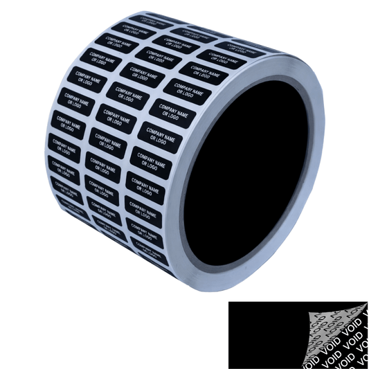 1,000 TamperColor® Black Custom Printed Security Labels: Tamper Evident, Rectangle 0.75" x 0.25" (19mm x 6mm) >Click on item details to customize.