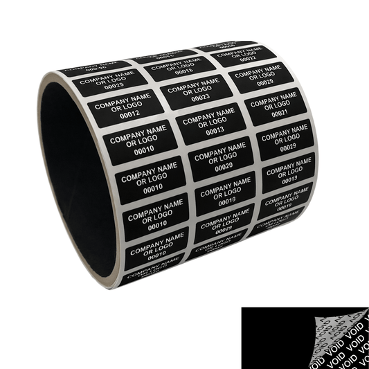 250 Black TamperColor® Tamper Evident Security Label Seal Sticker, Rectangle 1"x 0.375" (25mm x 9mm). Custom Print. >Click on item details to customize it.
