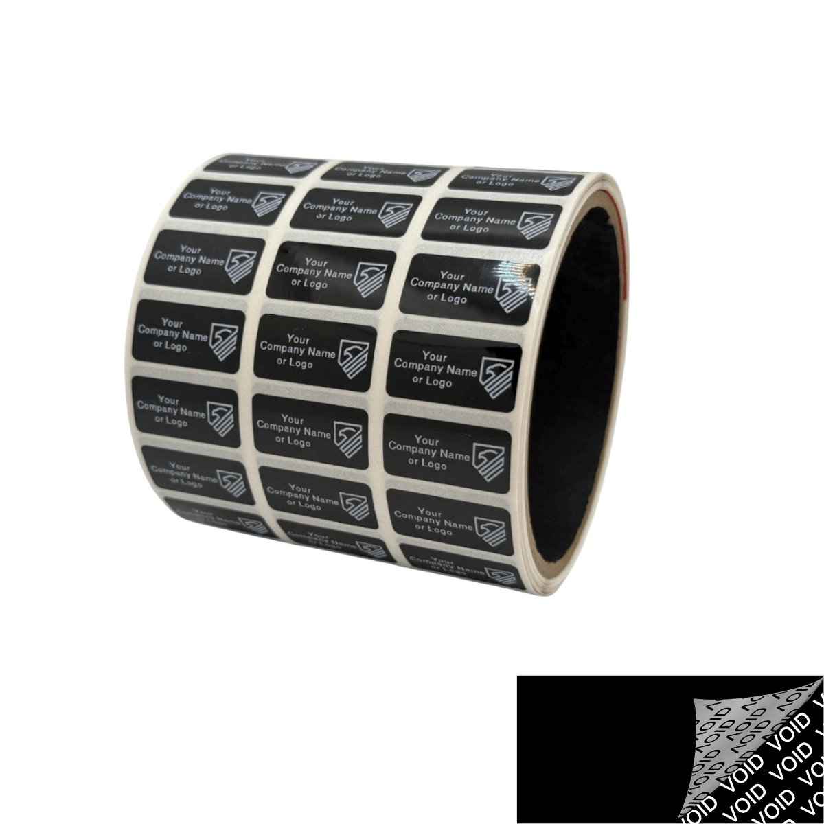 250 TamperColor® Black Custom Printed Security Labels: Tamper Evident, Rectangle 1" x 0.5" (25mm x 13mm) >Click on item details to customize.