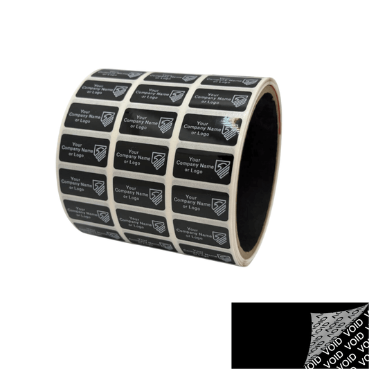 250 TamperColor® Black Custom Printed Security Labels: Tamper Evident, Rectangle 1" x 0.5" (25mm x 13mm) >Click on item details to customize.