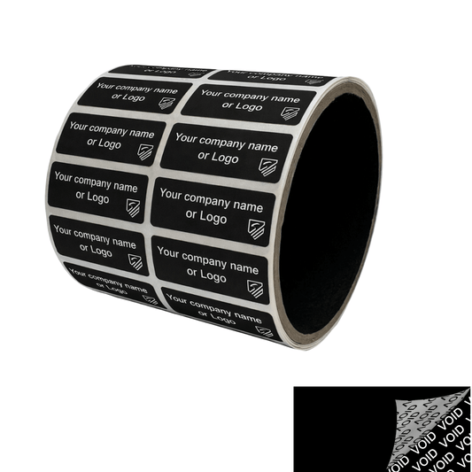 500 TamperColor® Black Custom Printed Security Labels: Tamper Evident, Rectangle 1.5" x 0.6" (38mm x 15mm) >Click on item details to customize.