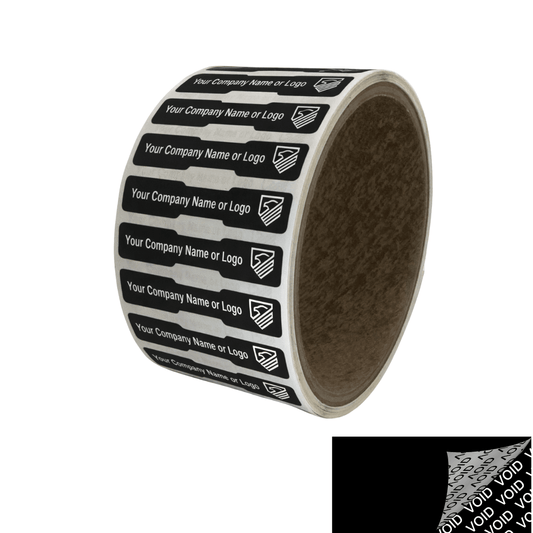 500 TamperColor® Black Custom Printed Security Labels: Tamper Evident, Dogbone Shape Size 1.75" x 0.375 (44mm x 9mm) >Click on item details to customize.