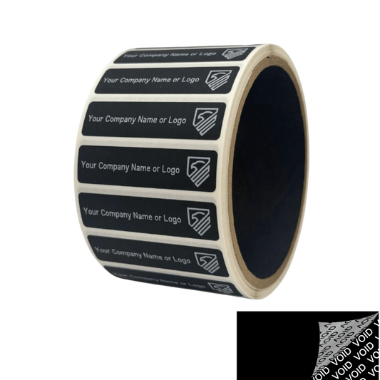 250 Black TamperColor® Tamper Evident Security Label Seal Sticker, Rectangle 2" x 0.5" (51mm x 13mm). Custom Print. >Click on item details to customize it.