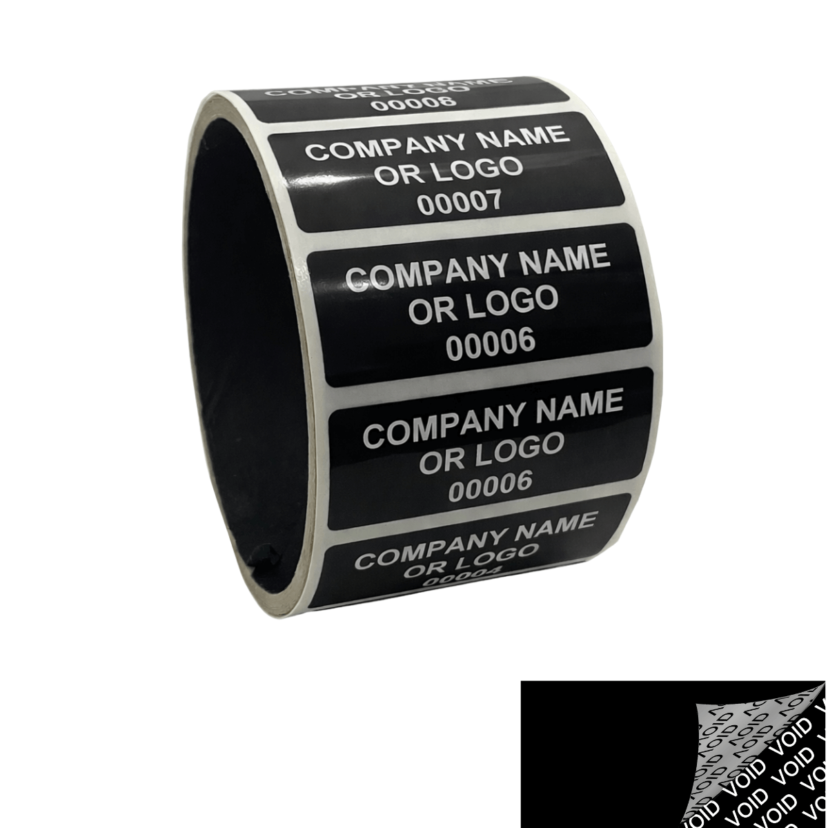 250 Black TamperColor® Tamper Evident Security Label Seal Sticker, Rectangle 2" x 0.75" (51mm x 19mm). Custom Print. >Click on item details to customize it.