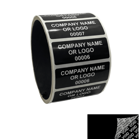 250 Black TamperColor® Tamper Evident Security Label Seal Sticker, Rectangle 2" x 0.75" (51mm x 19mm). Custom Print. >Click on item details to customize it.