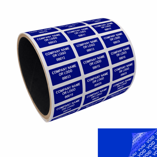 250 Blue TamperColor® Tamper Evident Security Label Seal Sticker, Rectangle 1"x 0.375" (25mm x 9mm). Custom Print. >Click on item details to customize it.