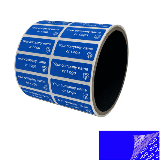 1,000 TamperColor® Blue Custom Printed Security Labels: Tamper Evident, Rectangle 1.5" x 0.6" (38mm x 15mm) >Click on item details to customize.