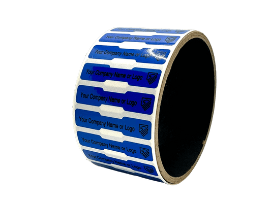2,000 TamperColor® Blue Custom Printed Security Labels: Dogbone Shape Size 1.75" x 0.375 (44mm x 9mm) >Click on item details to customize.