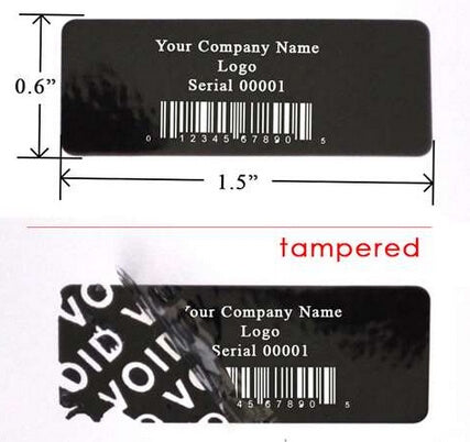 500 TamperColor® Black Custom Printed Security Labels: Tamper Evident, Rectangle 1.5" x 0.6" (38mm x 15mm) >Click on item details to customize.