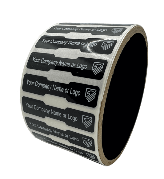 2,000 TamperColor® Black Custom Printed Security Labels: Tamper Evident, Dogbone Shape Size 1.75" x 0.375 (44mm x 9mm) >Click on item details to customize.