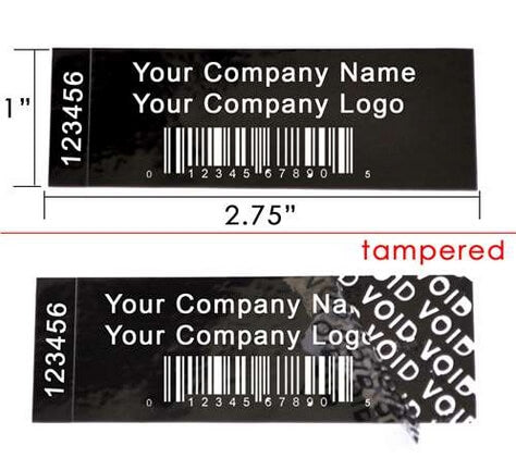 5,000 TamperColor® Black Custom Printed Security Labels: Tamper Evident, Rectangle 2.75" x 1" (70mm x 25mm) >Click on item details to customize.
