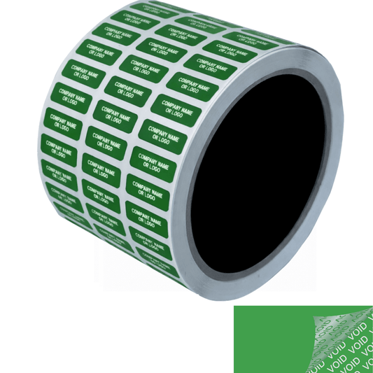250 TamperColor® Green Custom Printed Security Labels: Tamper Evident, Rectangle 0.75" x 0.25" (19mm x 6mm) >Click on item details to customize.