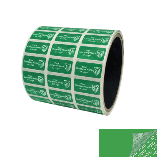 250 TamperColor® Green Custom Printed Security Labels: Tamper Evident, Rectangle 1" x 0.5" (25mm x 13mm) >Click on item details to customize.