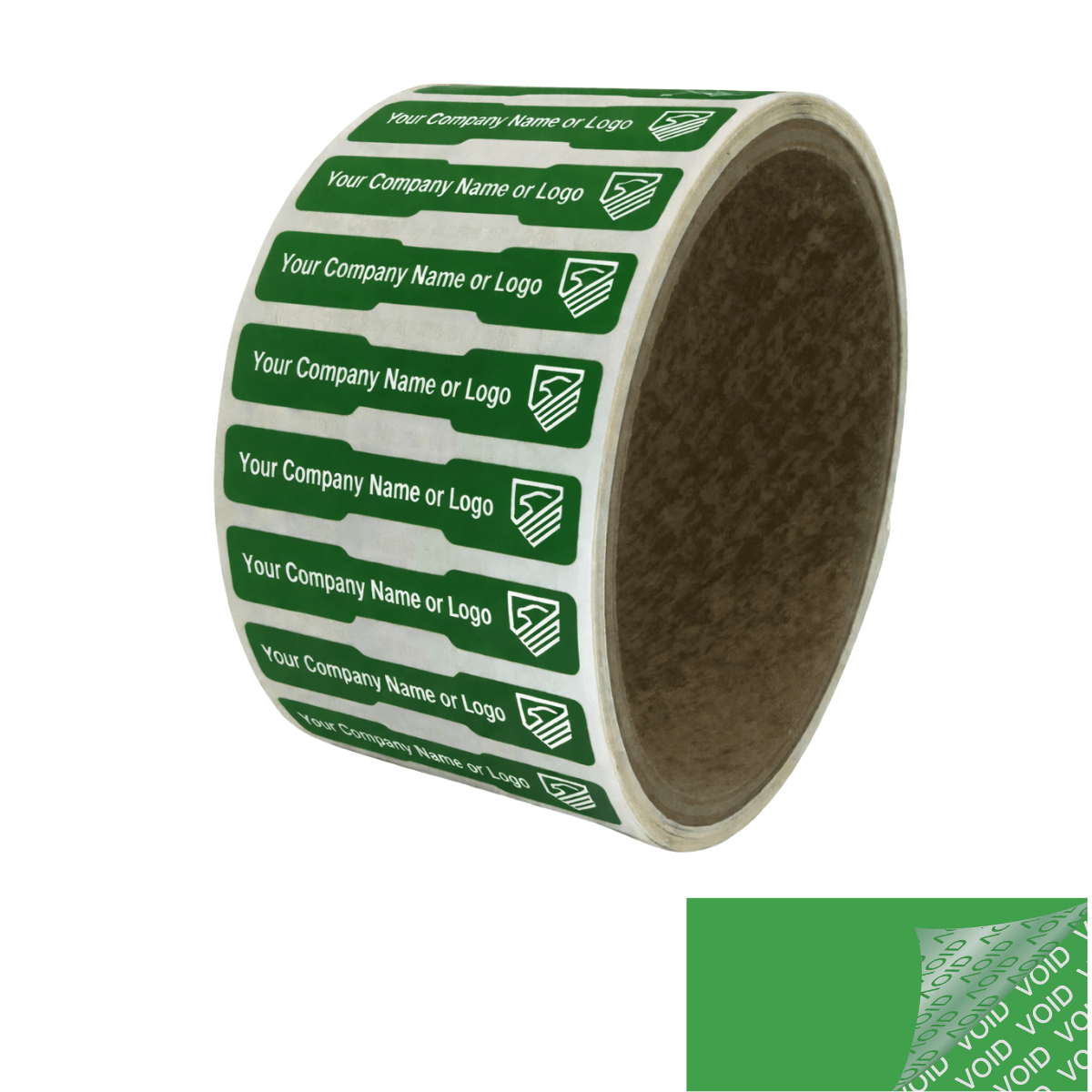 250 TamperColor® Green Custom Printed Security Labels: Tamper Evident, Dogbone Shape Size 1.75" x 0.375 (44mm x 9mm) >Click on item details to customize.