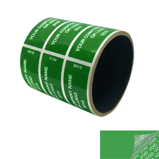 10,000 TamperColor® Green Custom Printed Security Labels: Tamper Evident, Rectangle 2.75" x 1" (70mm x 25mm) >Click on item details to customize.