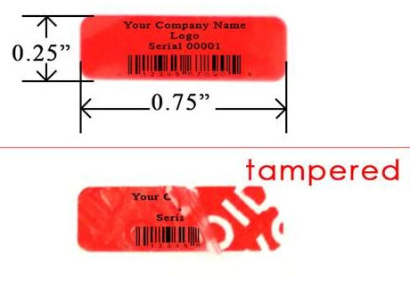 250 TamperColor® Red Custom Printed Security Labels: Tamper Evident, Rectangle 0.75" x 0.25" (19mm x 6mm) >Click on item details to customize.