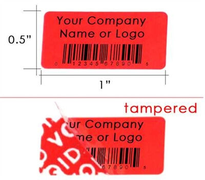 500 TamperColor® Red Custom Printed Security Labels: Tamper Evident, Rectangle 1" x 0.5" (25mm x 13mm) >Click on item details to customize.