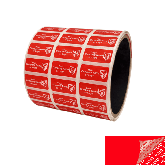 500 TamperColor® Red Custom Printed Security Labels: Tamper Evident, Rectangle 1" x 0.5" (25mm x 13mm) >Click on item details to customize.